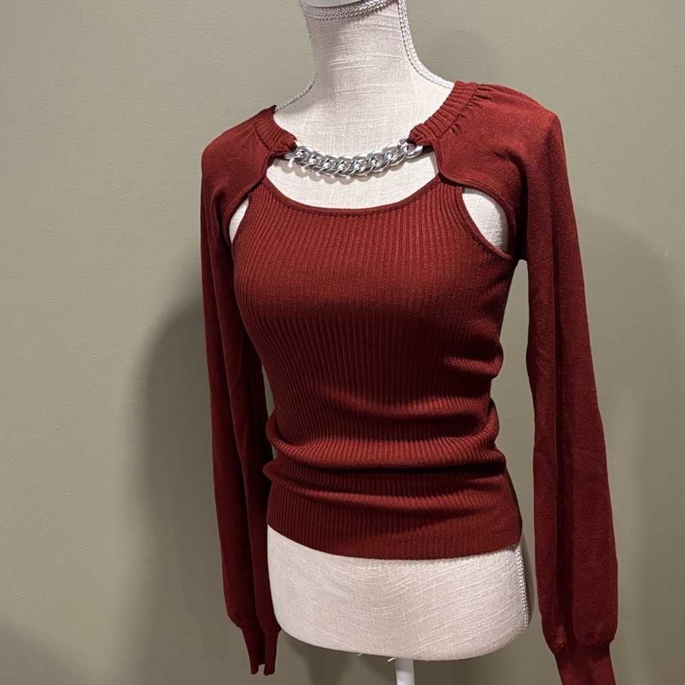 Rust Red Cutout Sweater with Chain Detail